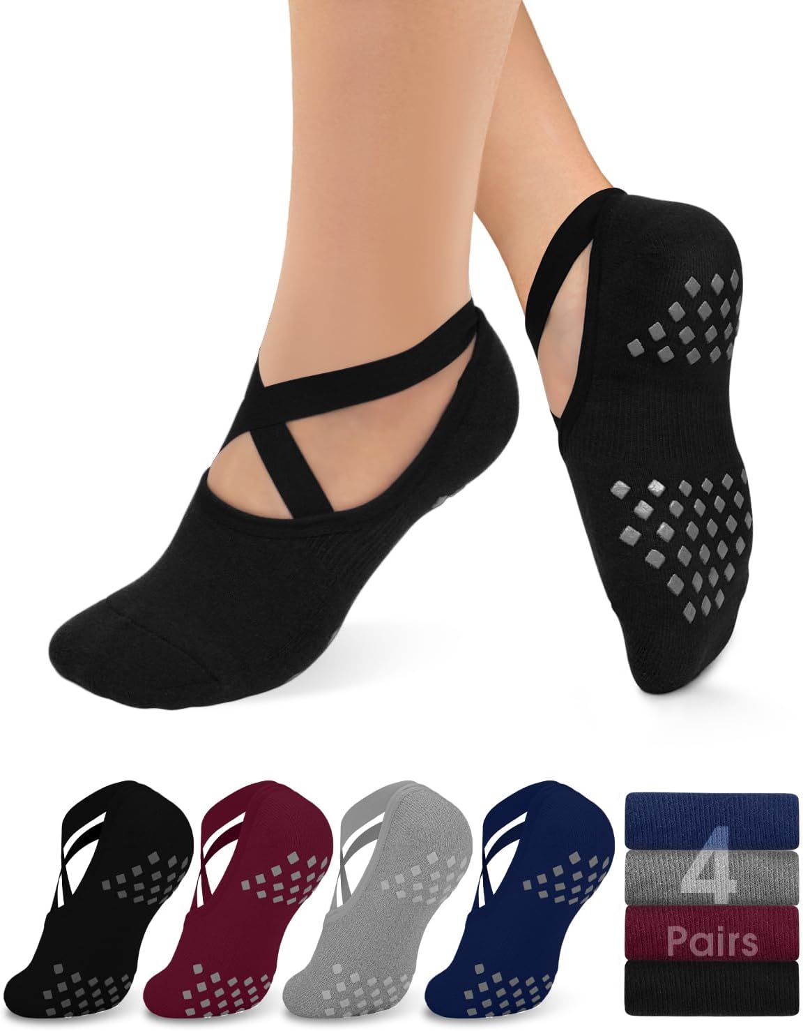 Non Slip Pilates Socks with Grips for Women, Grip Socks for Yoga Ballet Dance Barefoot Workout Anti Skid Crew Socks