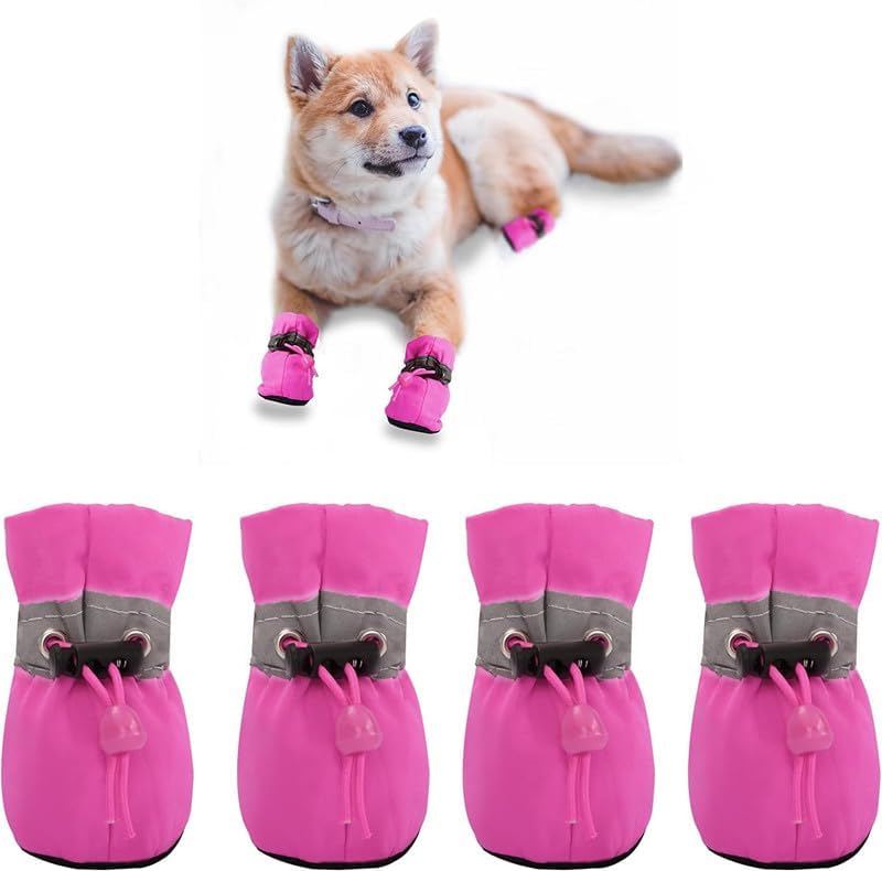 Anti-Slip Sole Dog Boots Paw Protector Dog Booties with Reflective Straps,4Pcs Dog Boots Anti-Slip Paw Protectors,Non-Slip Small Dog Boots,Anti Slip Paw Protectors Dog Socks for Hot Pavement,Pink,S