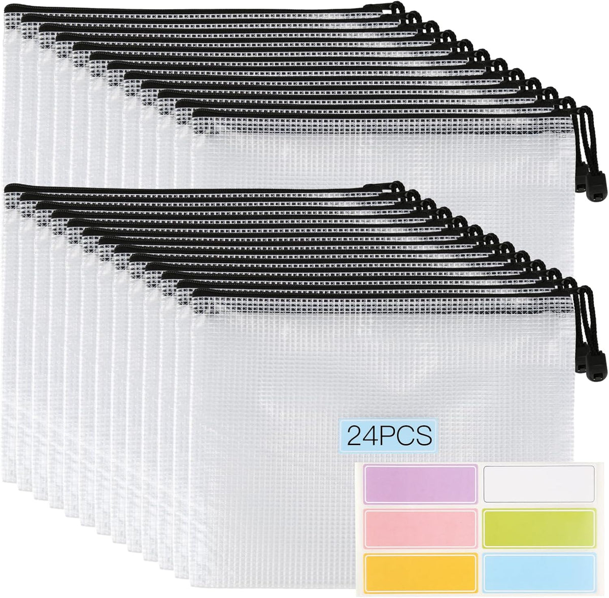 Mesh Zipper Pouch Bags, 24Pcs A5 Zipper Wallet Bags, Waterproof Pochette Plastique, Clear Mesh Plastic Zipper Pouch for Office Supplies, Documents, Paper, Travel, Cosmetics
