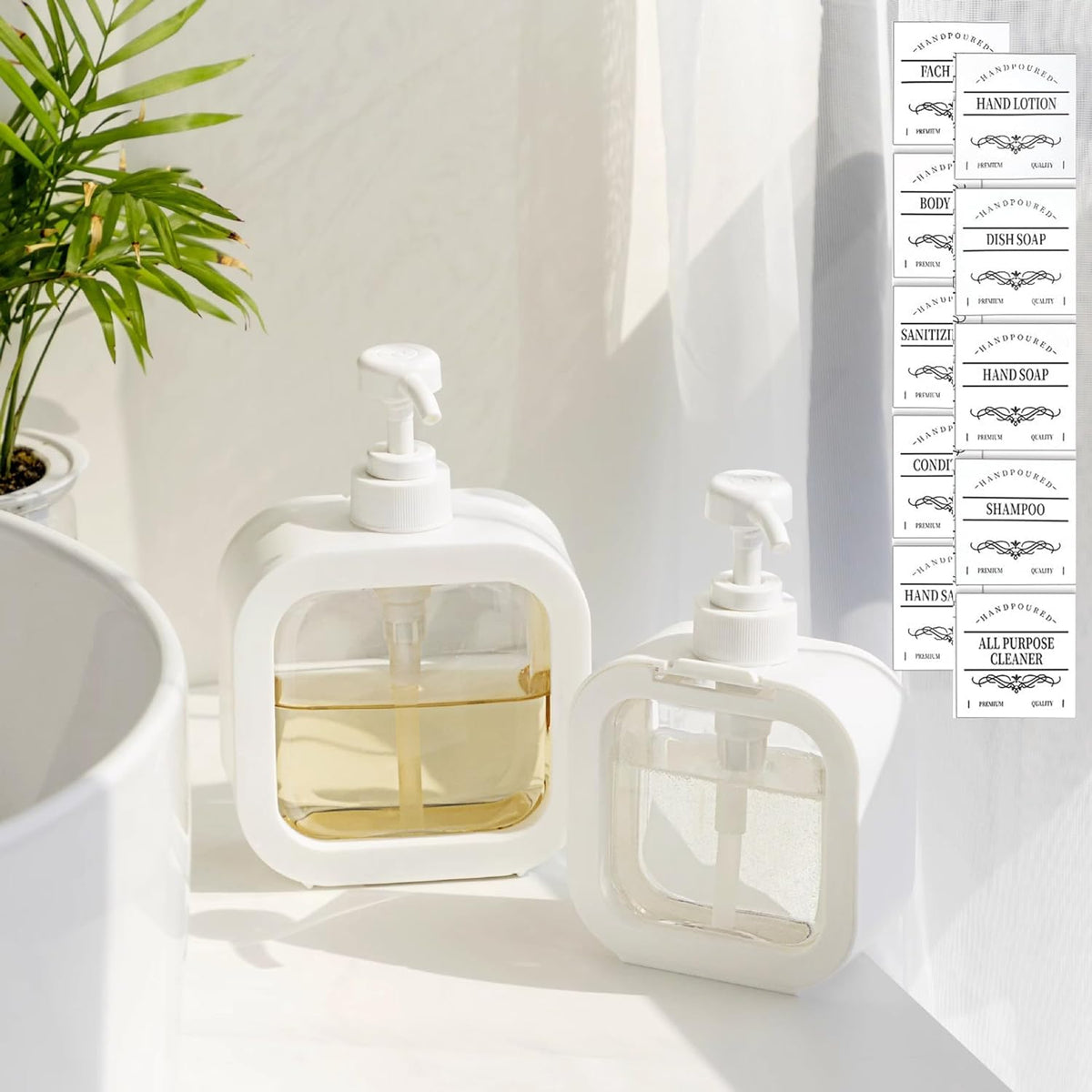 Soap Dispenser, 2 Pack 18Oz/500ml Liquid Soap Dispenser Stylish Hand Soap Dish Dispenser with Pump and 12Pcs Waterproof Labels for Bathroom,Kitchen Decor