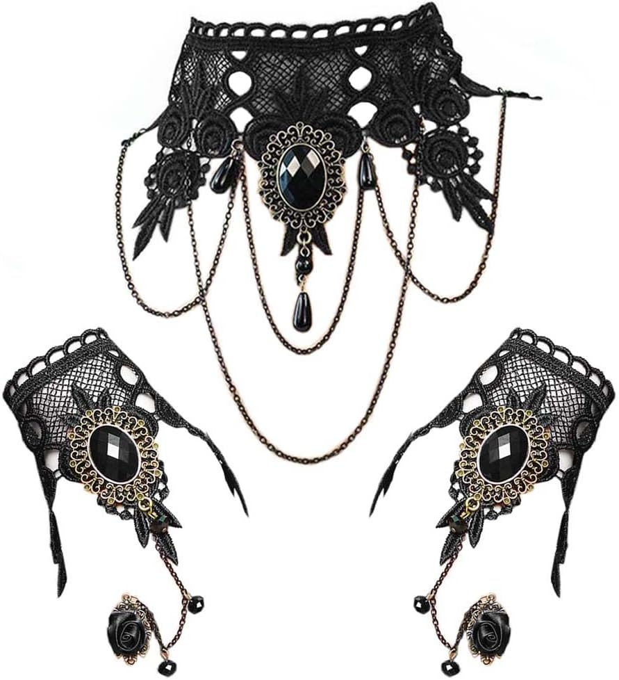 Black Choker Lace Necklace with Bracelet Set Punk Party Gothic Vintage Handmade Lolita Retro Slave Bracelet Wristband for Women