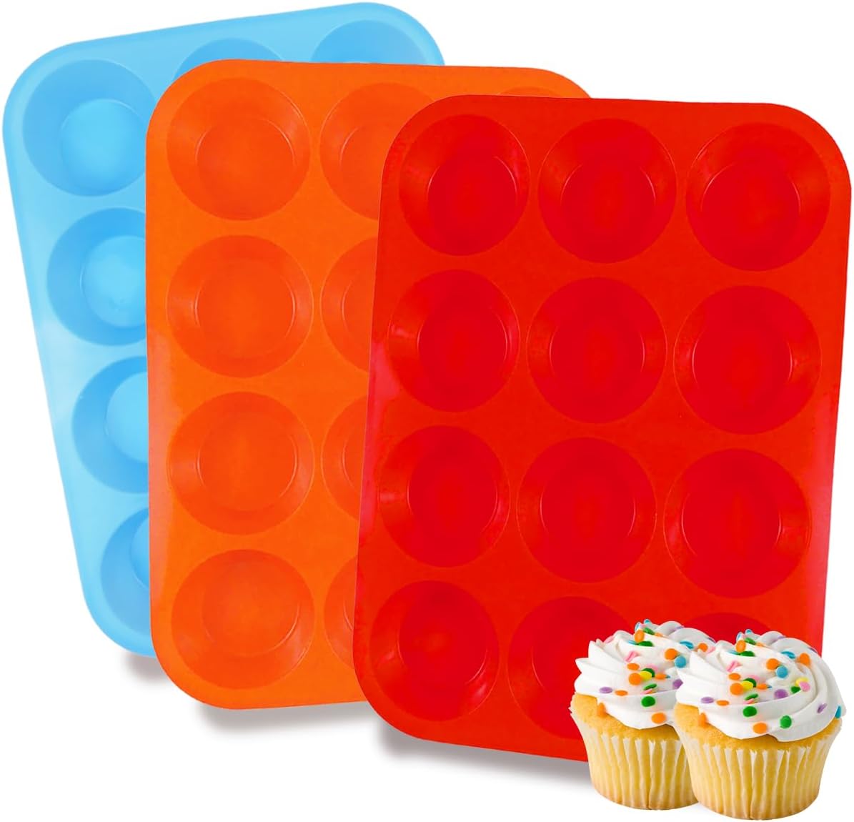 3 Pack Silicone Muffin Pan for Baking, Silicone Cupcake Pan, Muffin Tin 12 Cup Regular Size, Nonstick Silicone Molds Great for Making Muffin Cakes,Bread, Tart - BPA Free Baking Accessory