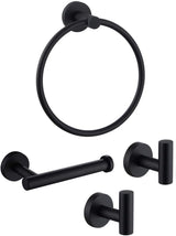 4PCS Bathroom Hardware Set 304 Stainless Steel Bathroom Accessories Set Including 2 Wall Mounted Stainless Steel Robe Hooks Toilet Paper Holder and Towel Ring (Black)