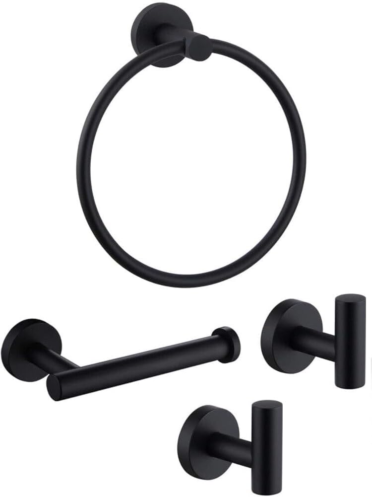 4PCS Bathroom Hardware Set 304 Stainless Steel Bathroom Accessories Set Including 2 Wall Mounted Stainless Steel Robe Hooks Toilet Paper Holder and Towel Ring (Black)