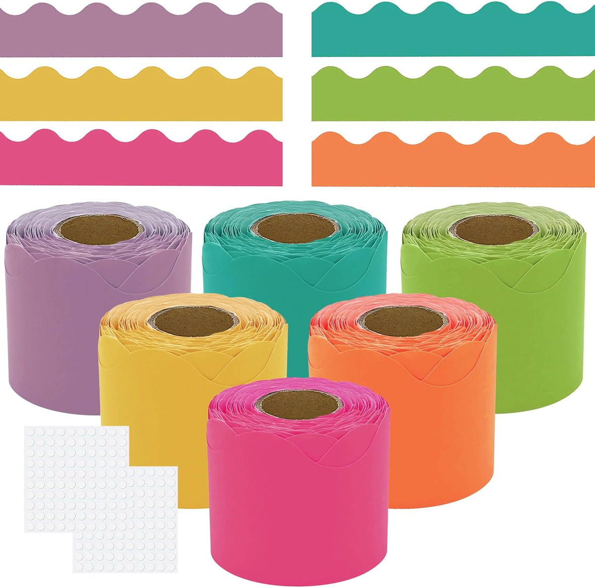 Bulletin Board Borders Set - 6 Rolls 196.8 Ft Bright Bulletin Board Decorations for Office, School Classroom Decor, Teachers & Home DIY - Posters & Birthday Parties - Board Trim