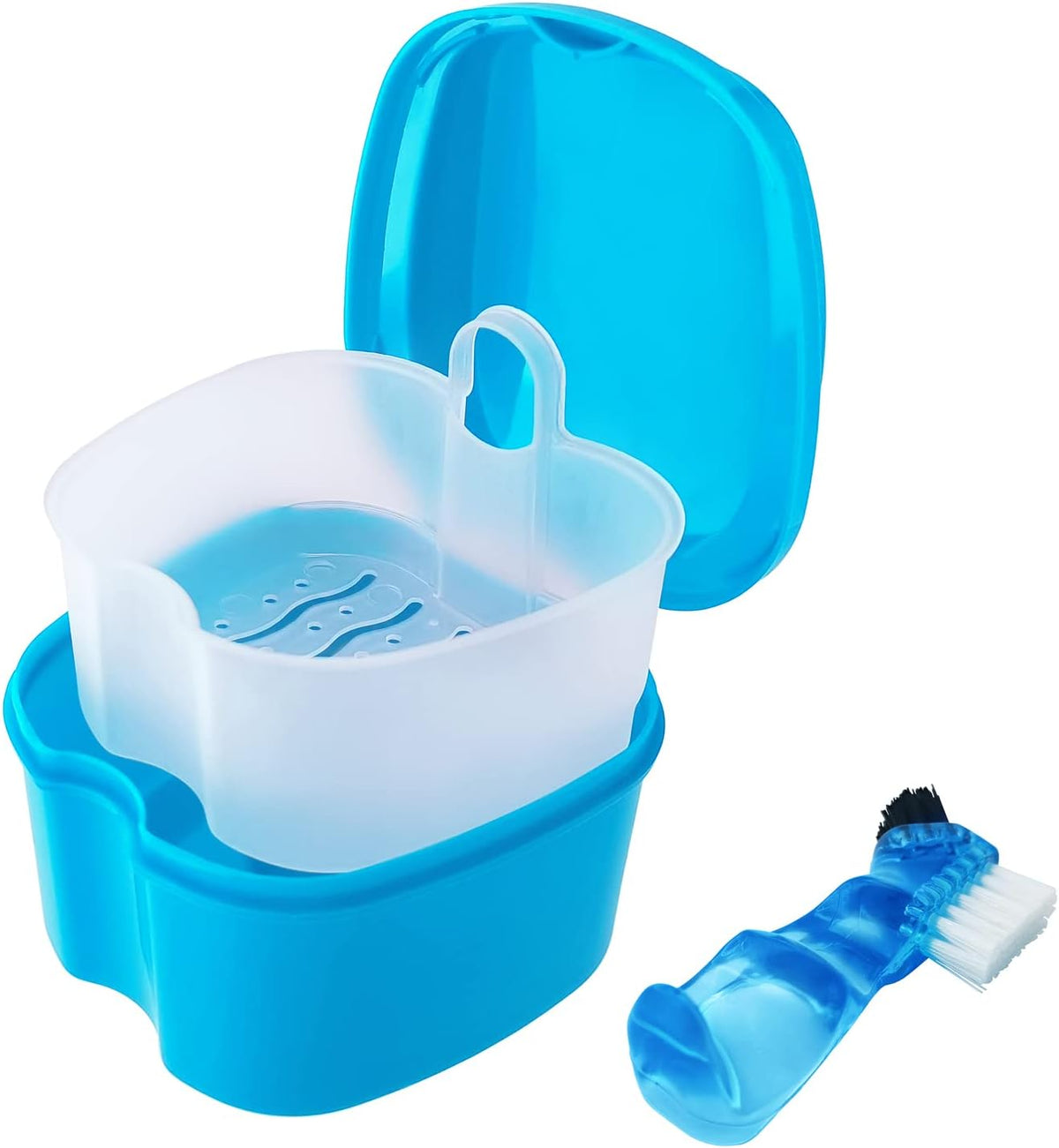 Denture Cup Orthodontic Retainer Case, Denture Bath Box Dental Mouthguard Case Cleaning with Brush, Strainer Basket and Lid Waterproof - Blue