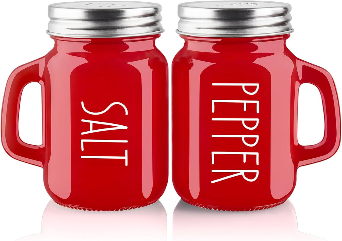 Red Salt and Pepper Shakers Set,  4 oz Cute Modern Glass Christmas Red Shaker Sets with Stainless Steel Lids, Red Kitchen Decor and Accessories for Home Restaurants Weddings
