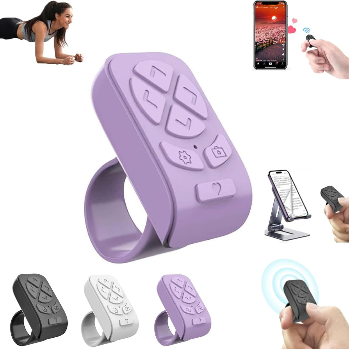 for TIK-Tok Remote Control Ring,Wireless Page Turner,Bluetooth Remote Control Ring Finger Scroller,Finger Clicker for Phone Scrolling, for Videos,Photos,Novels (Purple)