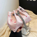 Drawstring Crossbody Bag for Women,Flower Chain Drawstring Mini Bucket Handbags