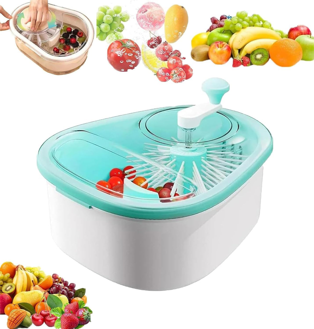 Fruit Cleaner Spinner - Fruit Washer Spinner Bowl with Lid, Large Capacity Fruit Washer Spinner with Brush, Multifunctional Fruit and Vegetable Cleaner Device for Home Kitchen (Blue)