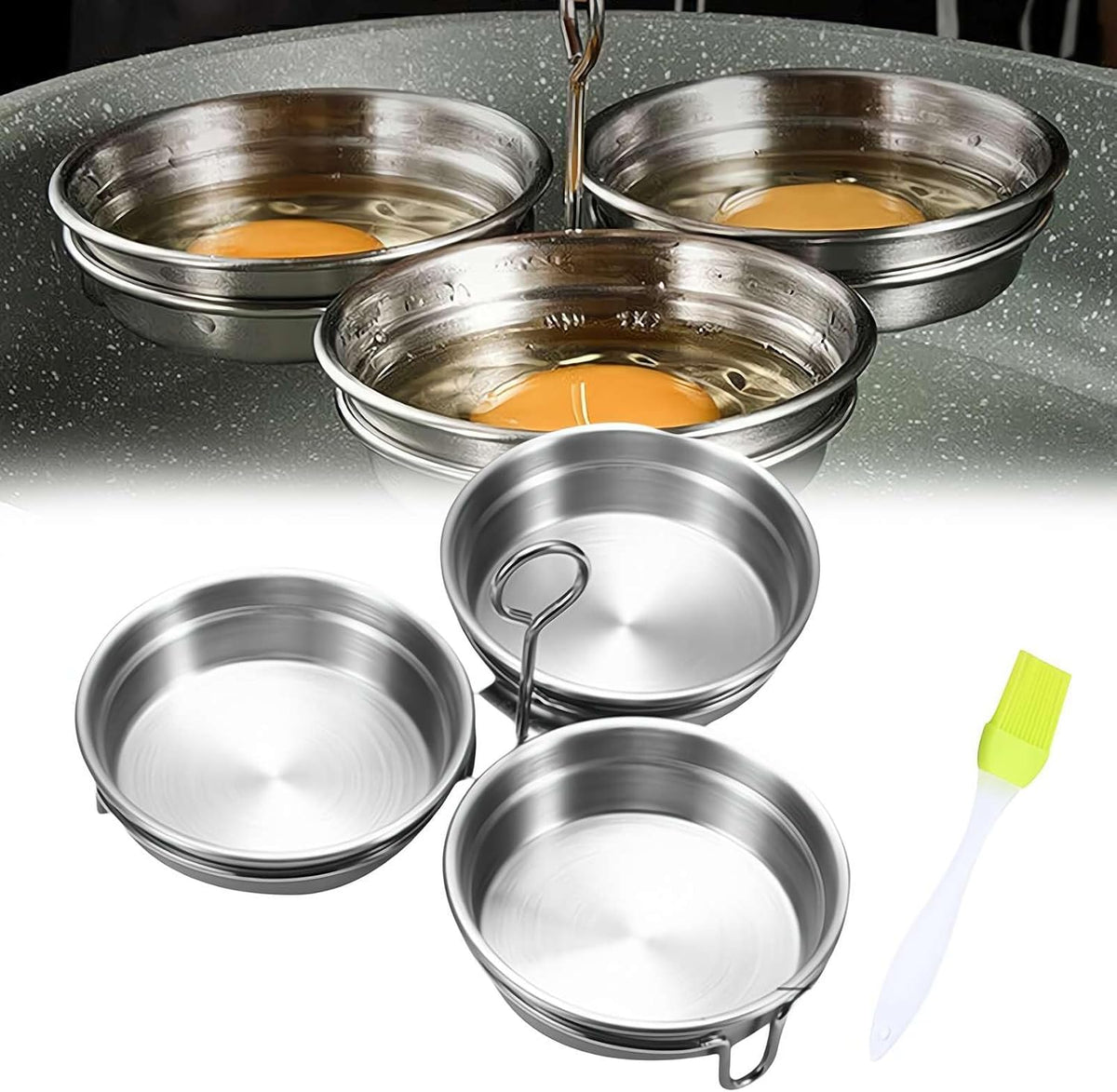 Steel Egg Poacher, Poached Egg Cooker, 3-Cup Poached Egg Cooker, Nonstick Egg Poacher Cups, Egg Poaching Pan with Rack and Handle for Microwave Oven Stovetop