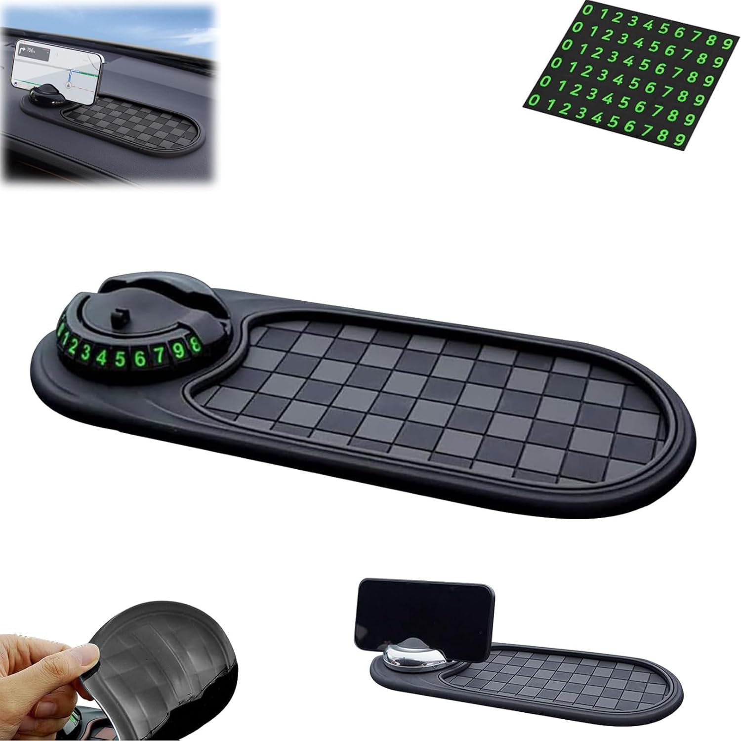 Multifunction Car Anti-Slip Mat Auto Universal Phone Holder, Rotatable Anti Skid Car Dashboard Pad with Temporary Parking Numbe and Large Pad for Phones Sunglasses Keys Gadgets