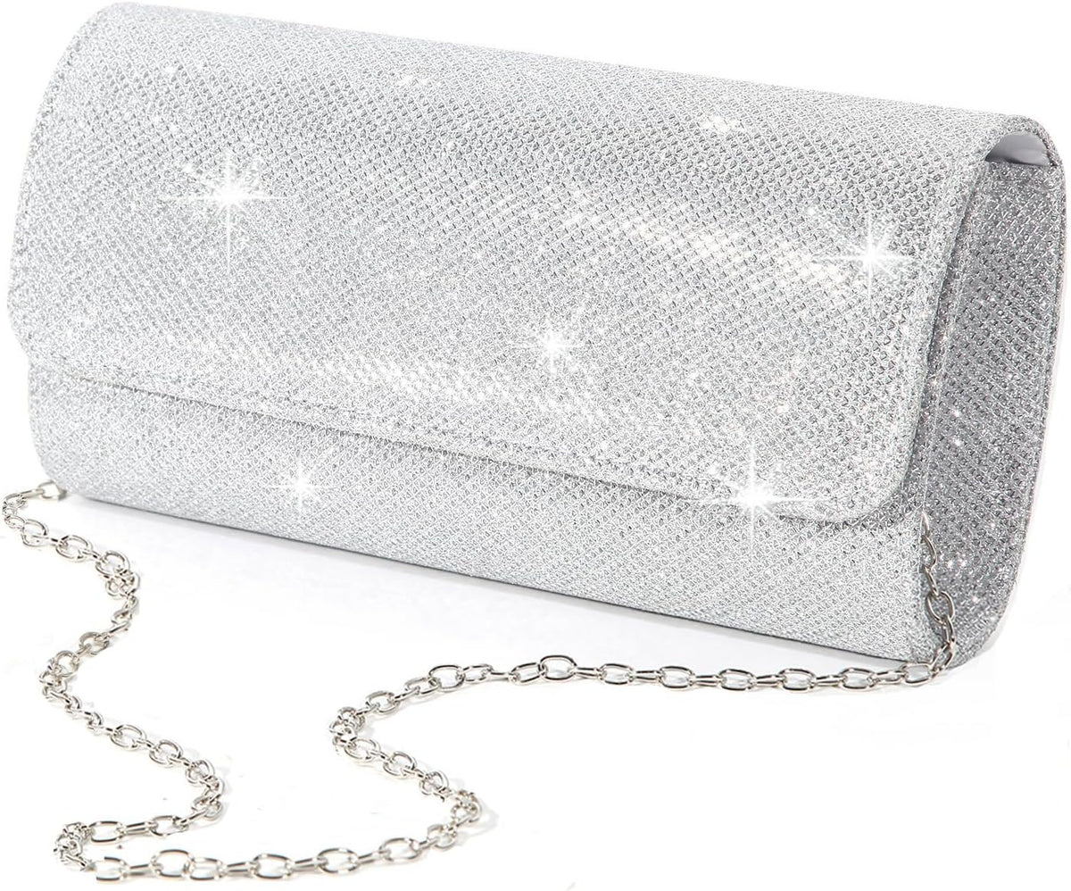 Evening Bag Clutch Purses for Women, Ladies Sparkling Party Handbag Wedding Bag, Silver