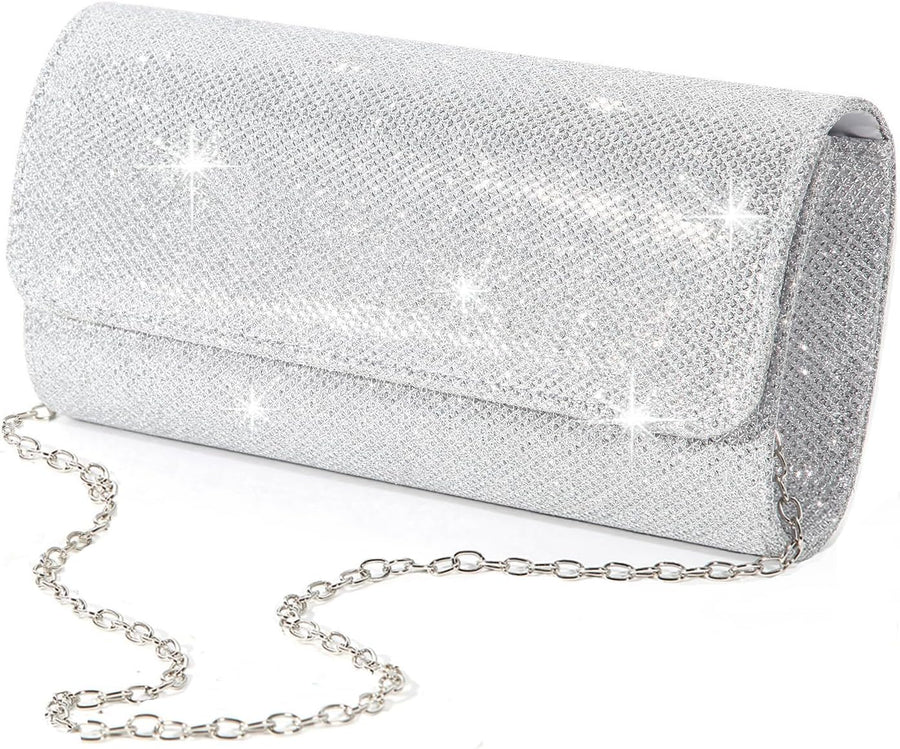 Evening Bag Clutch Purses for Women, Ladies Sparkling Party Handbag Wedding Bag, Silver