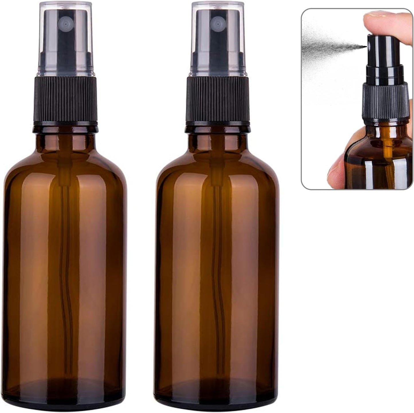 Small Glass Spray Bottles for Oil, Hair, Plants Water 2 oz | Empty Fine Mist and Refillable Mister Amber Mini Travel Size Bottle for Cleaning Solutions, Essential Oil Sprayer and Nozzle - 2 Pack