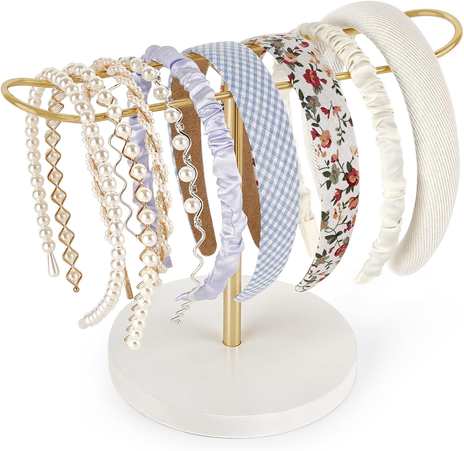 Headband Holder Metal Headband Organizer Hair Hoop Display Stand, Modern Hair Accessories Organizer Storage Hair Ropes Bracelets Bangles College Dorm Room Decor for Women and Girls, Gold