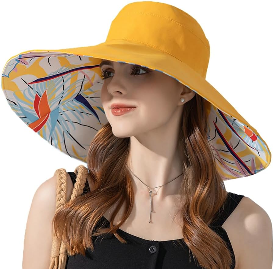 Super Wide Brim Sun Hat for Women Packable Reversible Double-Side-Wear Hats UV Protection Summer Beach Bucket Cap