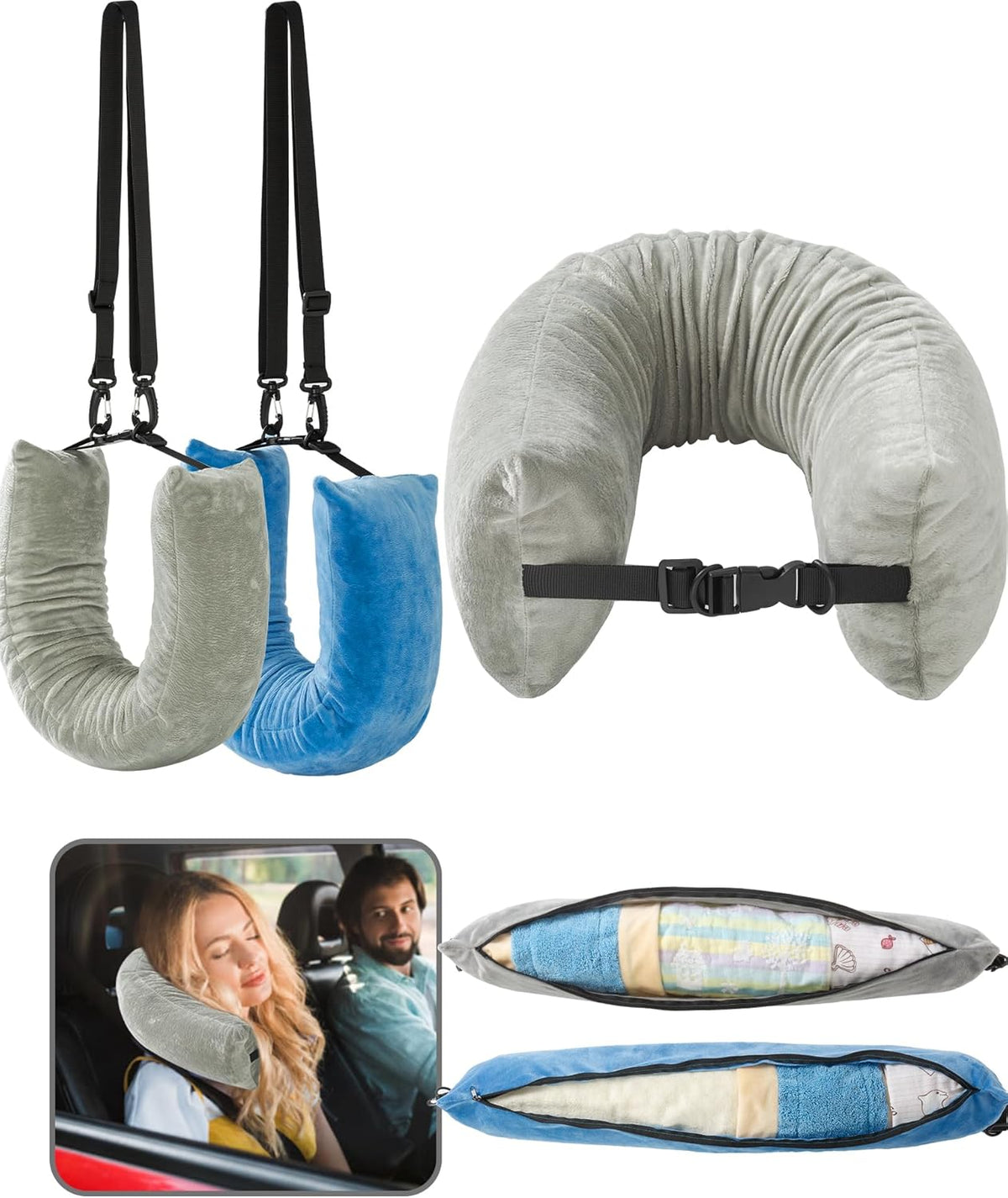 2 Pack Stuffable Travel Neck Pillow for Extra Luggage Clothes Adjustable U-Shapes Airplane Plane Travel Pillow Storage Bag Adjustable Neck Size Travel Essentials Multifunctional Sleeping Rest Cushion