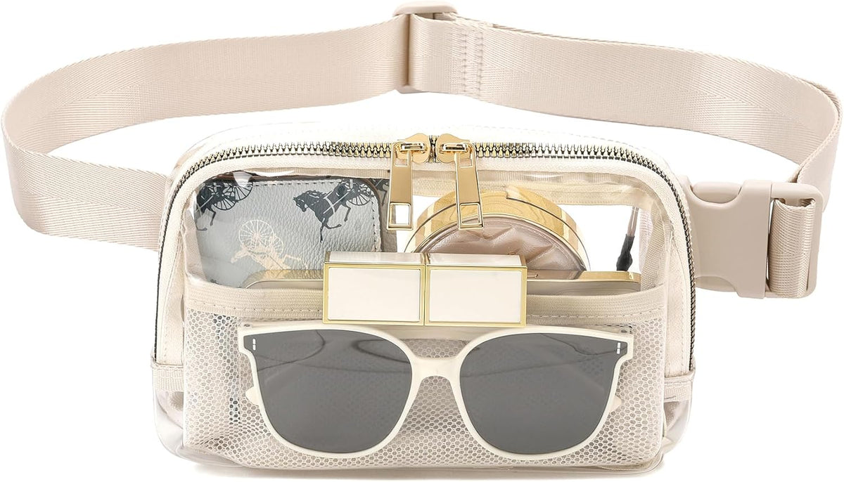 Clear Belt Bag Clear fanny pack stadium approved for Women Men with Adjustable Strap Clear Crossbody Bag Waist Bag for Concerts Sports Travelling Hiking Running, BEIGE, Small, Fashion