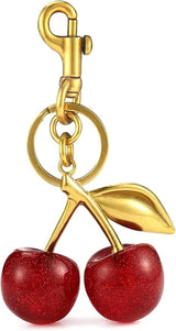Luxurious 18K Gold Plated Cherry Bag Charm, Cherry Keychain Accessory Purse Charm, Red, Large