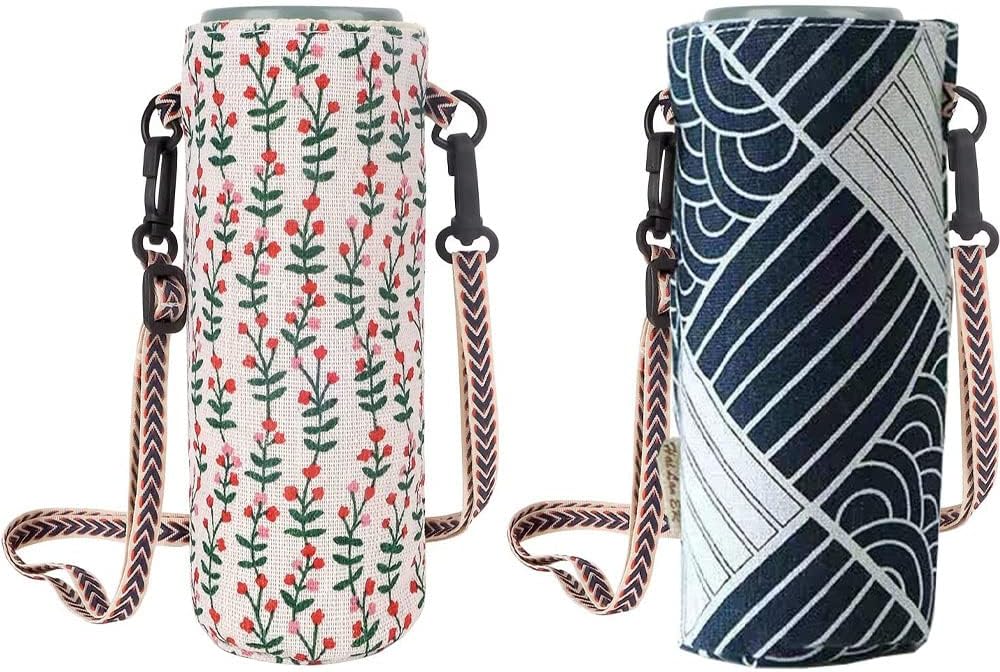 2 PCS Water Bottle Bag,Water Bottle Carrier Bag Case Floral Printing Bottle Pouch Holder Portable Water Bottle Holder Pouch Cover Portable Bottle Cover Bags with Adjustable Shoulder Strap,for Hiking