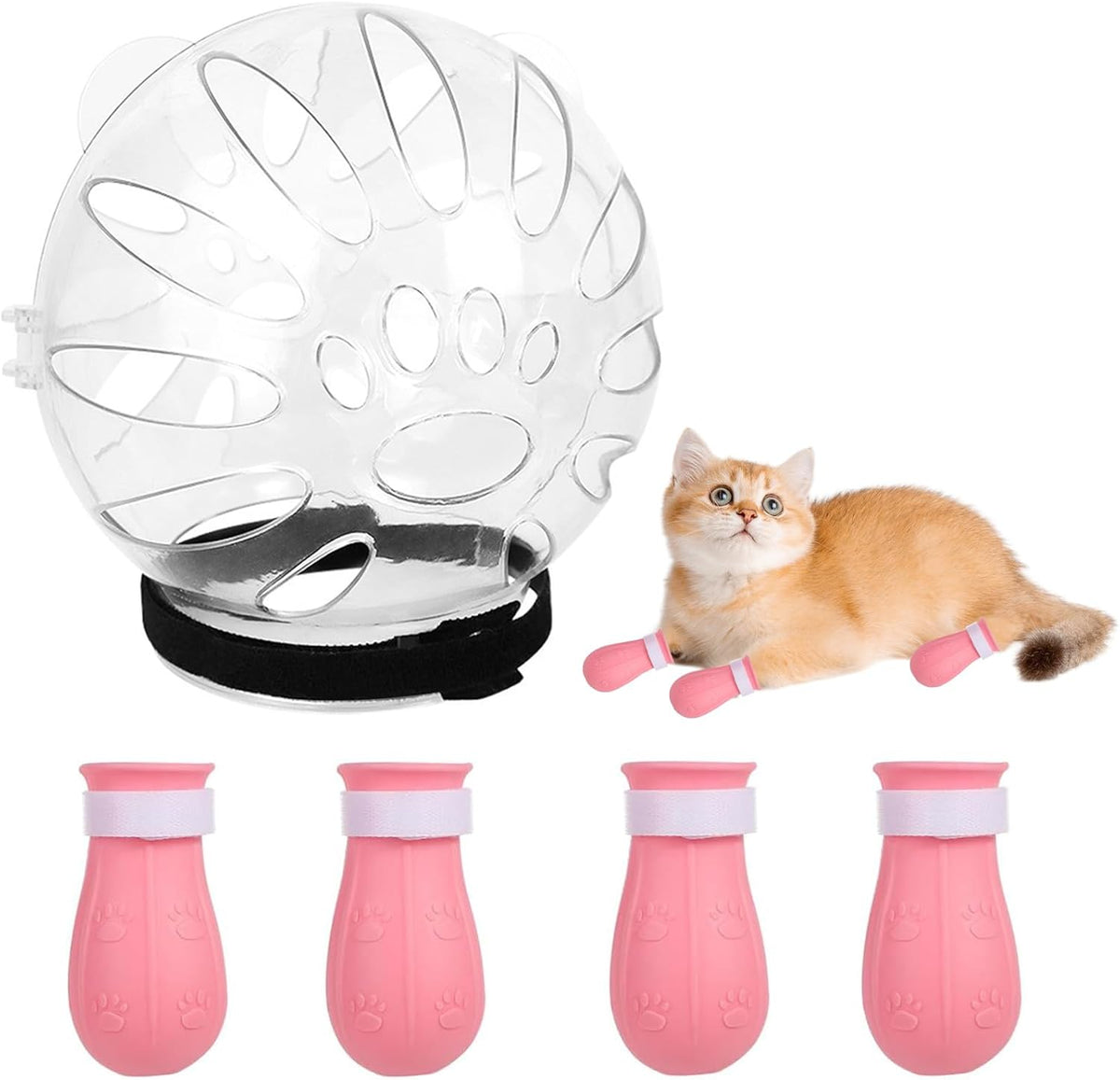 Cat Muzzle and Boots Set, Cat Transparent Muzzle Prevent from Cats Biting Chewing, Breathable Cat Adjustable Hood for Grooming, Adjustable Cat Anti-Scratch Foot Cover for Cats Bathing Nail Trimming
