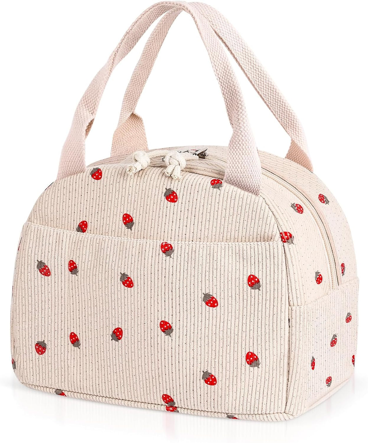Lunch Bag for Women Girl Cute Strawberry Corduroy Lunch Tote Bags Leakproof Lunch Box Bag Large Capacity Reusable Insulated Cooler Lunch Container for Work, School, Travel or Picnic