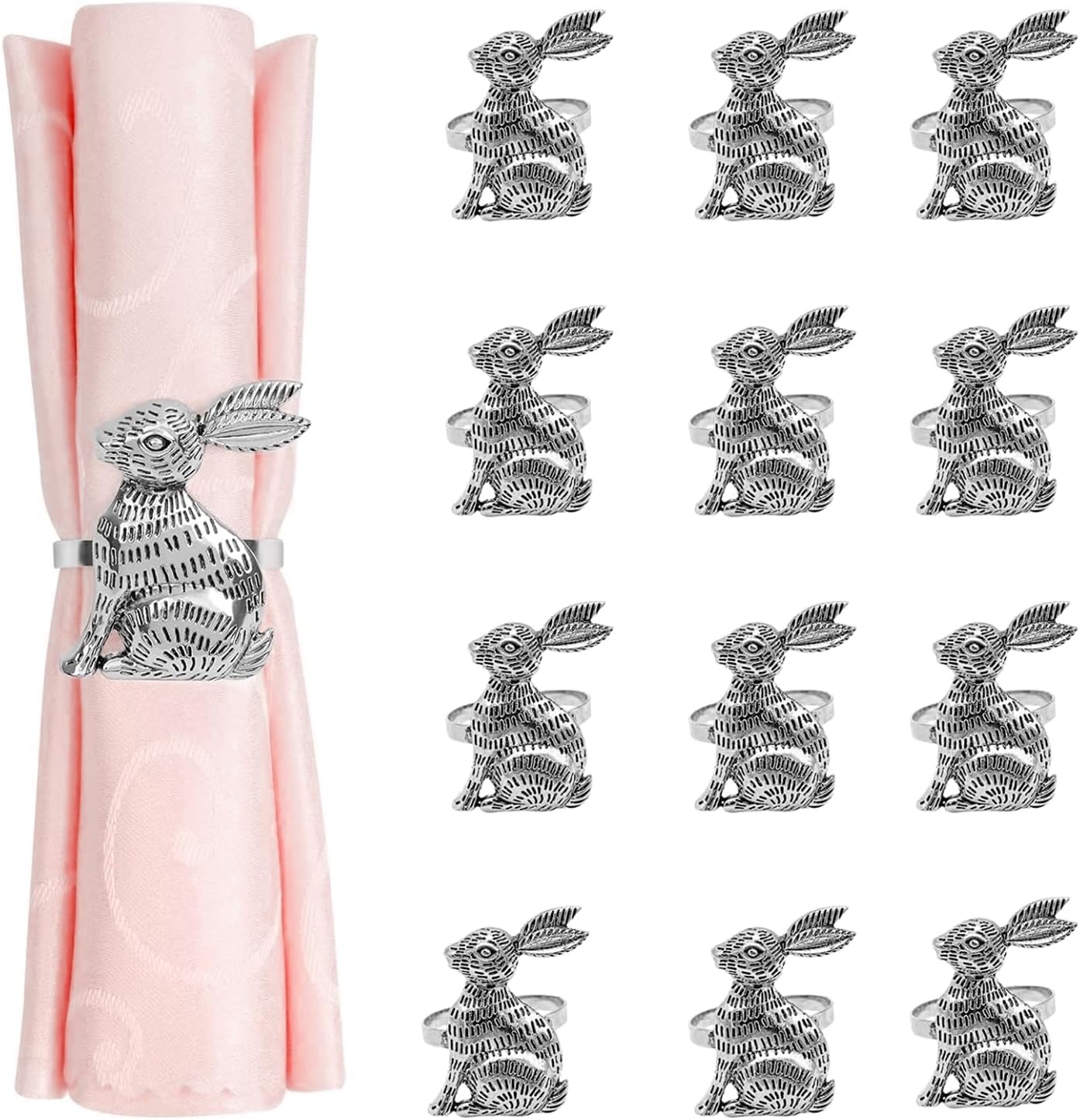 12pcs Easter Napkin Rings Easter Decorations Set Silver Bunny Decor Metal Rabbit Napkin Rings Holder Easter Table Indoor Dinner Spring Party Home Decor