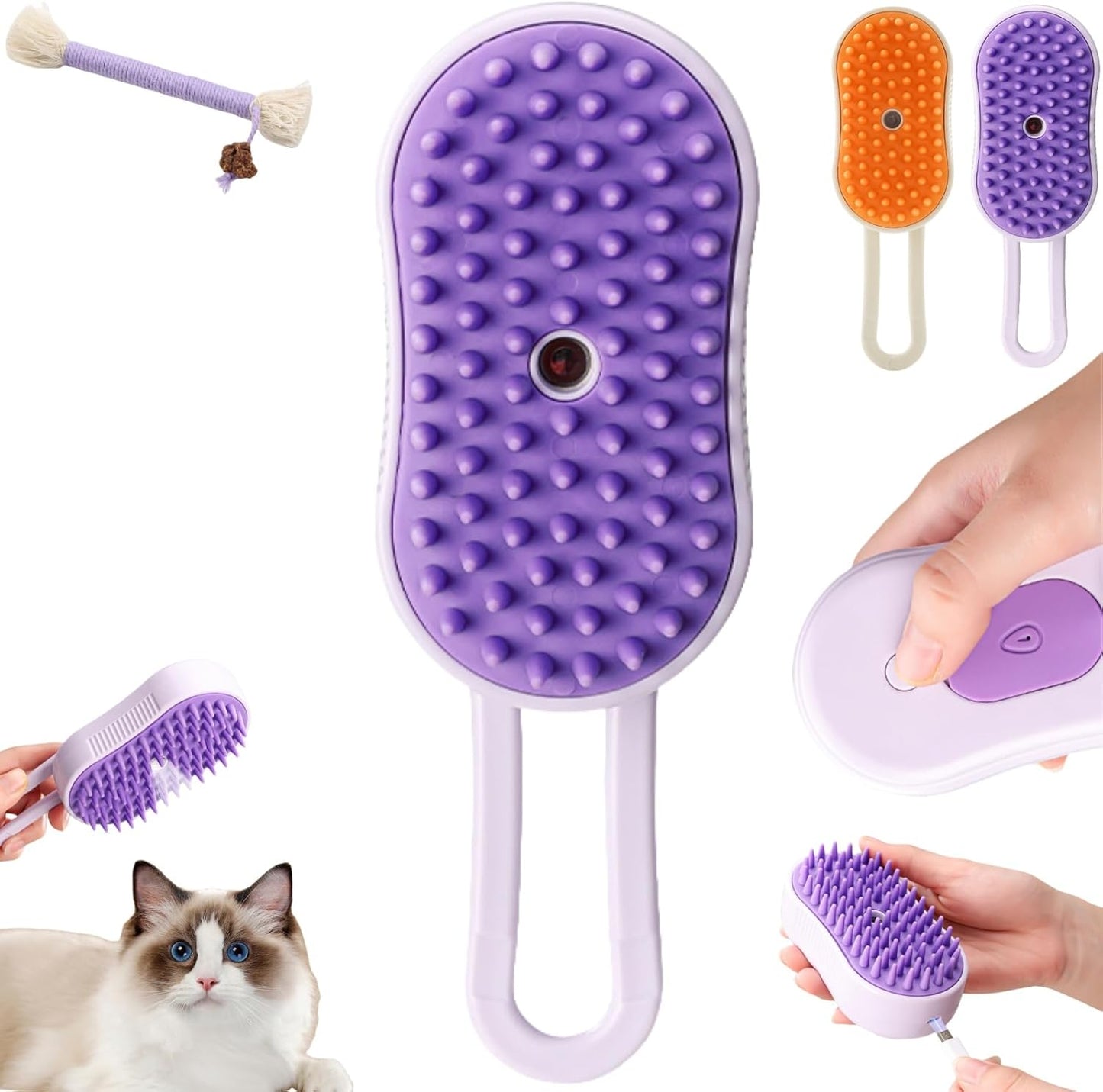 Puffease Spritz Defur Comb for Cats Dogs, Steam Pet Brush with Spray Function, Spray Defur Comb for Pet Bathing, Shedding & Grooming (Purple)