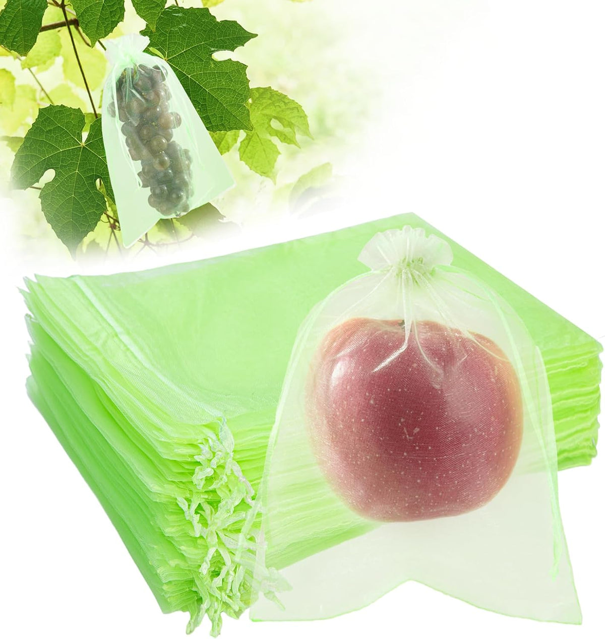 100PCS Fruit Protection Bags with Drawstring, 6x8 Inch Green Organza Produce Bags for Fruit Trees, Mesh Netting for Garden Protection