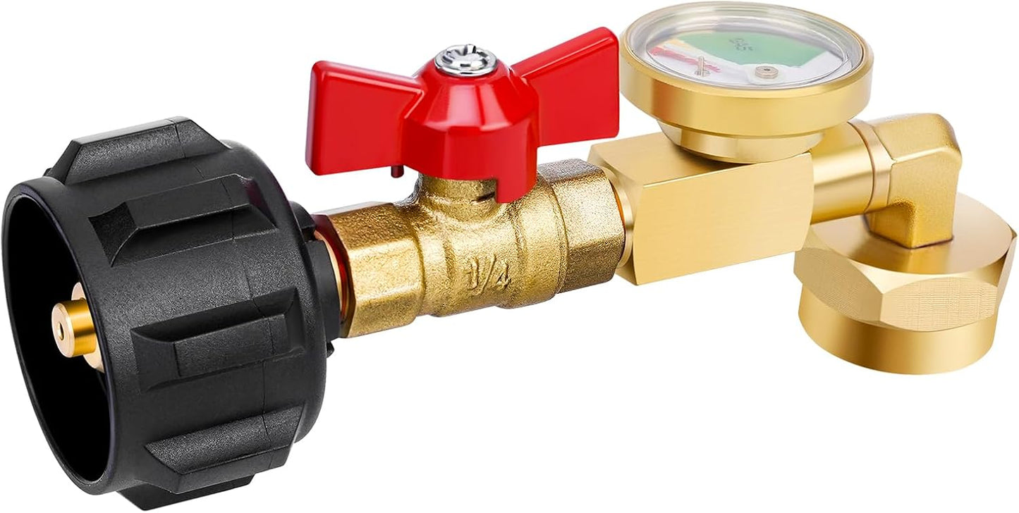 Propane Refill Adapter 20lb to 1lb Camping, Design with Valve and Gauge, Upgrade 90-Degree Elbow Design, Fill 1 lb Bottles from 20 lb Tank, for Propane Heater Grill Stove