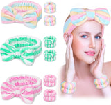 9PCS Spa Headband Kit for Women & Girls: Bowknot Makeup Headbands with Wristbands for Face Skincare, Bathing, Yoga (Pink, Blue, White)