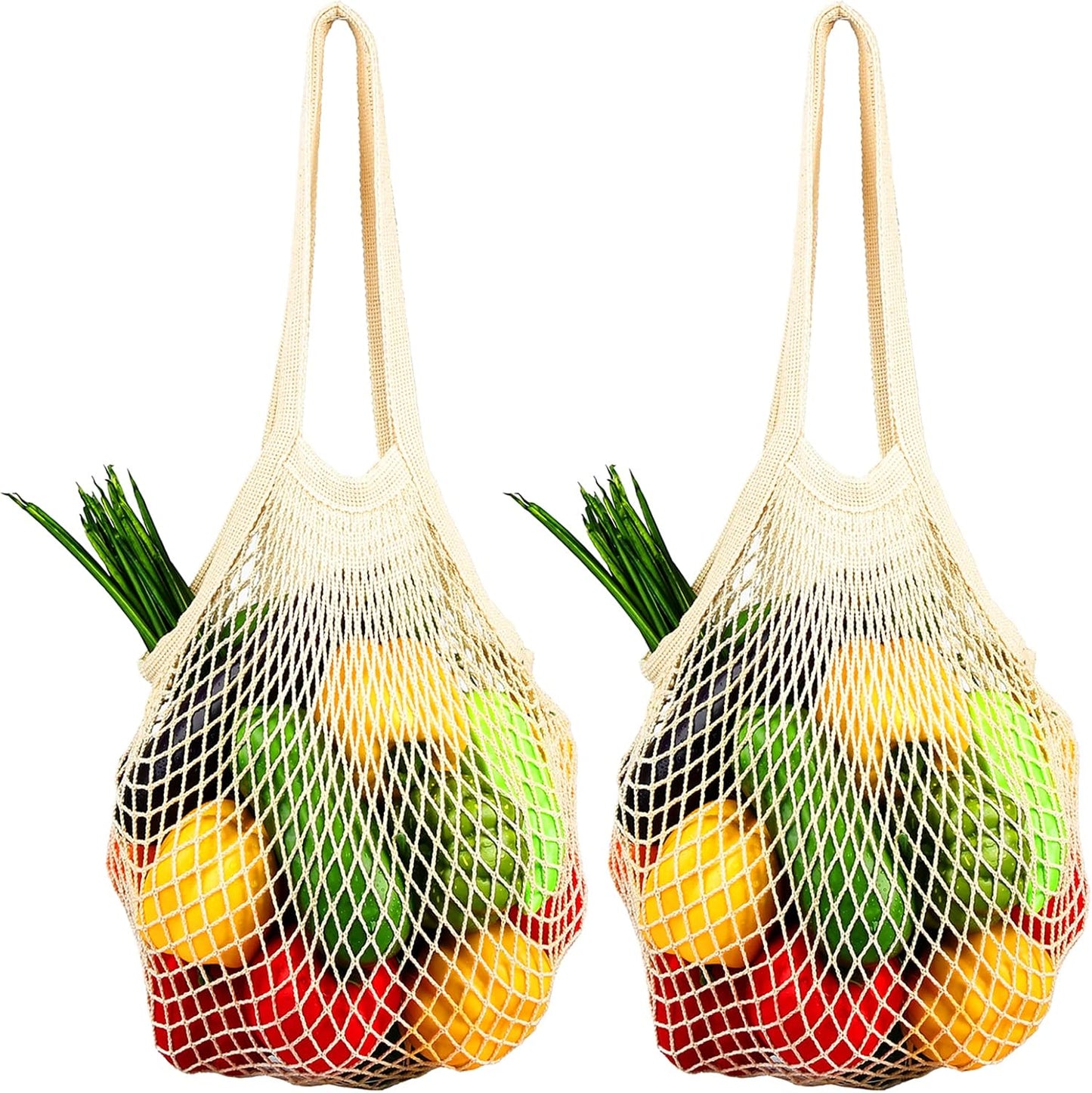 [2 Pack] Premium Mesh Grocery Bags, Reusable Produce Bags, Long Handle Net Tote Bags, 100% Cotton String Bags, Fruit and Vegetable Bags, Beige (Portable/Washable/Durable), Beige, One Size
