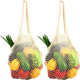 [2 Pack] Premium Mesh Grocery Bags, Reusable Produce Bags, Long Handle Net Tote Bags, 100% Cotton String Bags, Fruit and Vegetable Bags, Beige (Portable/Washable/Durable), Beige, One Size