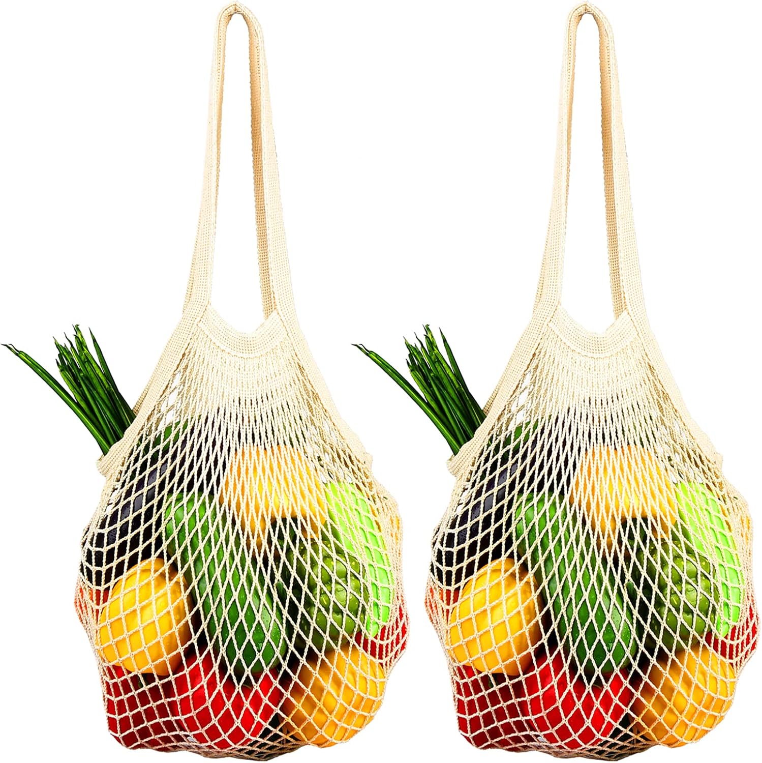 [2 Pack] Premium Mesh Grocery Bags, Reusable Produce Bags, Long Handle Net Tote Bags, 100% Cotton String Bags, Fruit and Vegetable Bags, Beige (Portable/Washable/Durable), Beige, One Size