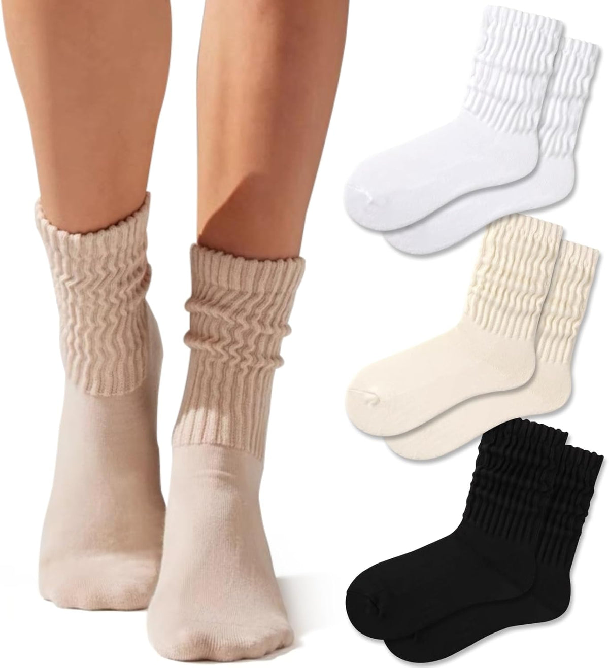 Crew Socks For Women Multipairs Cotton Cushioned Athletic Socks Retro Slouch Socks Mid Calf Rib Tube Socks
