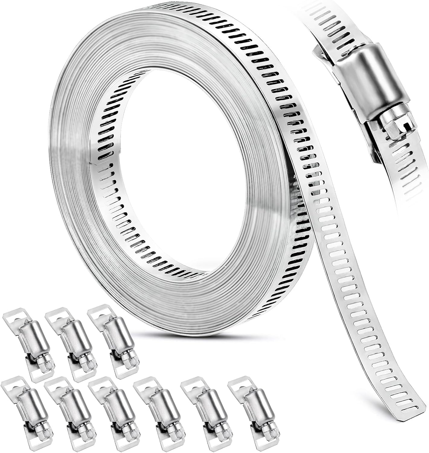 Hose Clamp, DIY 20 FT Metal Strapping with Holes + 9 Fasteners, Hose Clamps Stainless Steel, Large Adjustable Worm Gear Hose Clamps Pipe Clamps Band Clamp for Pipe Automotive Mechanical Applications