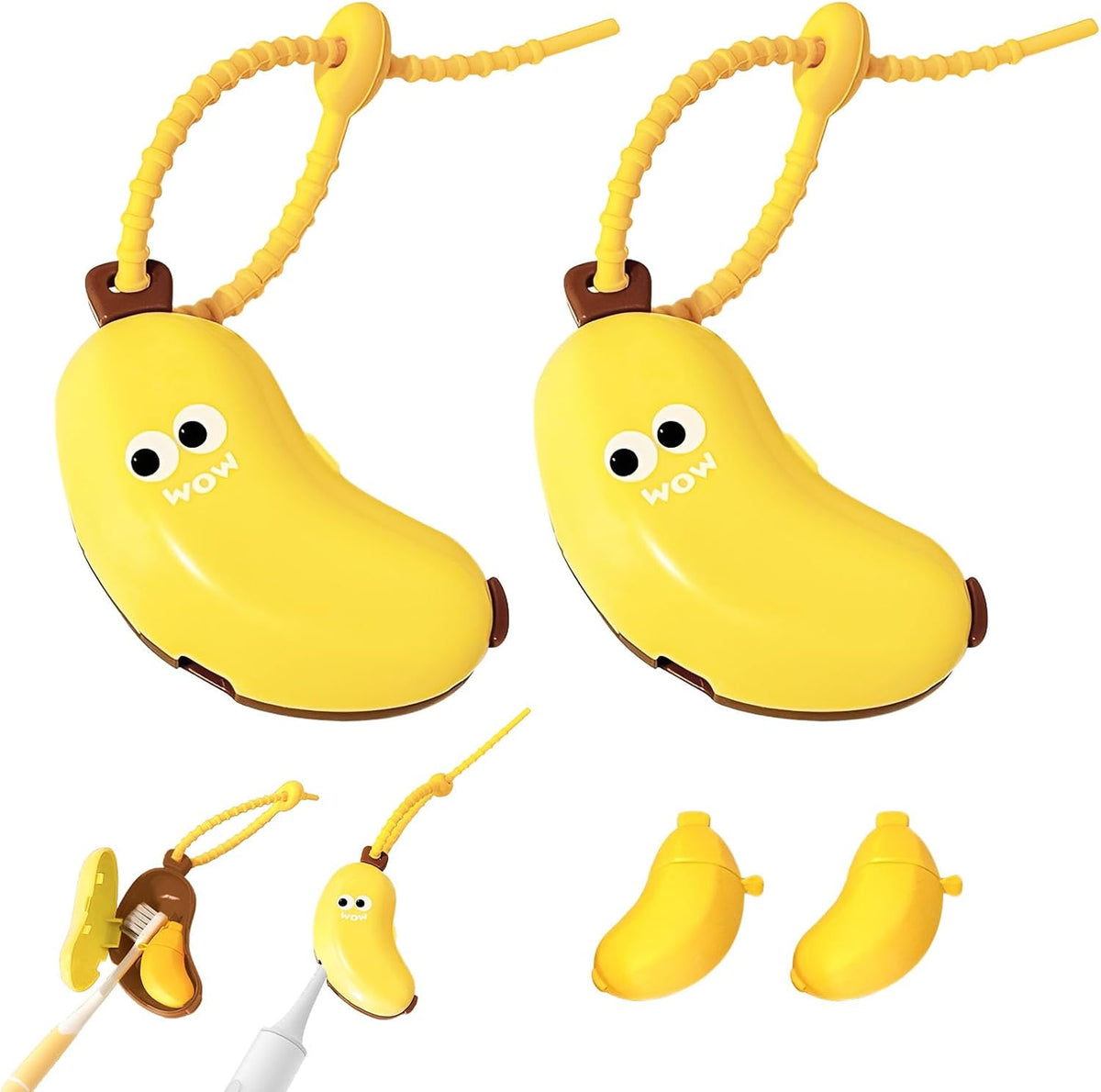 2PCS Banana Toothbrush Case, Portable Toothbrush Holder with Silicone Toothpaste Dispenser, Compact Hanging Travel Organizer for Home Camping Outdoor (Yellow)