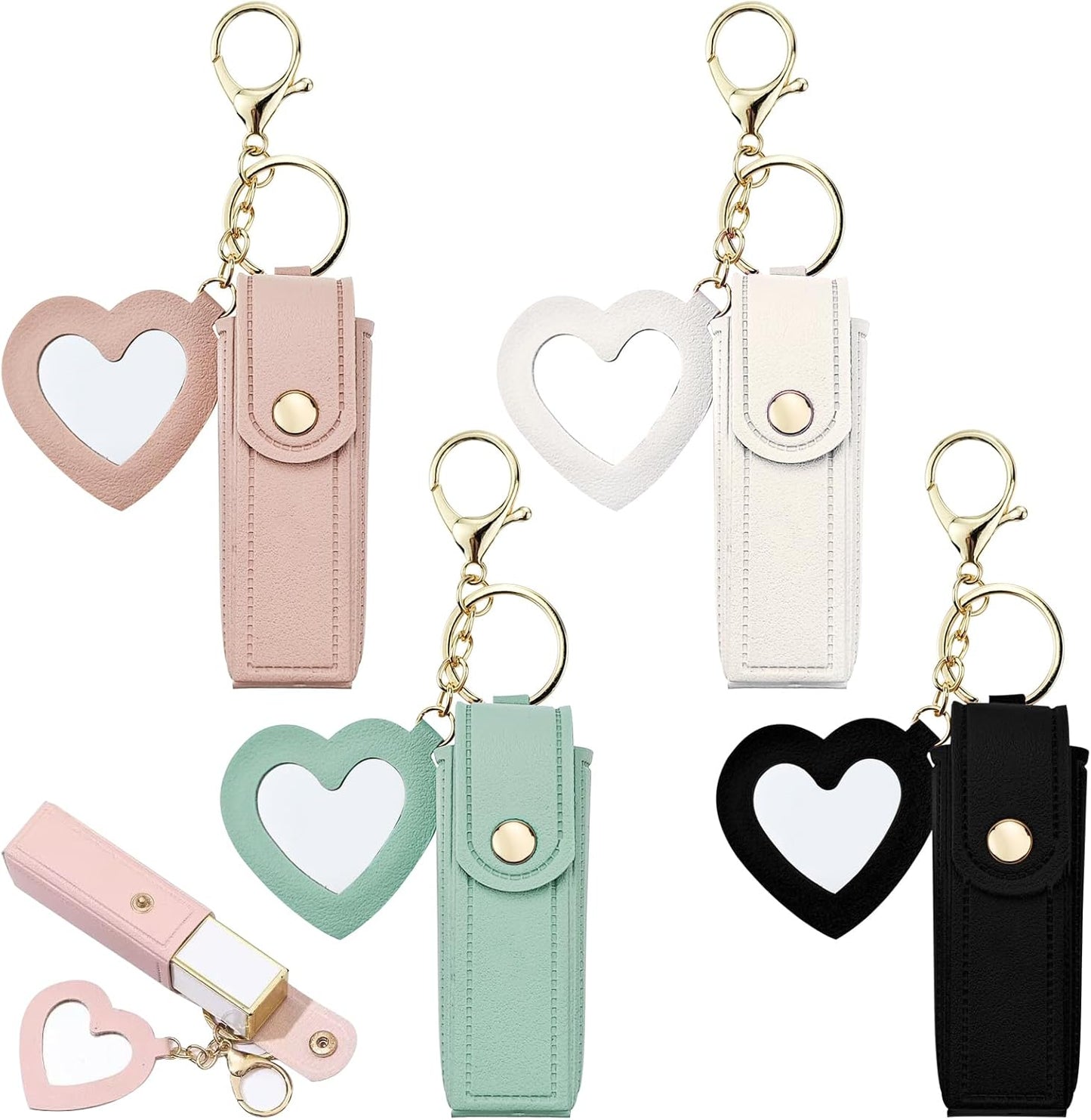 4 PACK PU Leather Potable Chapstick Holder Key Chain Bulk with Mirror, Lipstick Keychain, Lip Balm Organizer Holder Lipstick Travel Makeup Storage Case for Women Girls (Style 1)