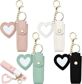 4 PACK PU Leather Potable Chapstick Holder Key Chain Bulk with Mirror, Lipstick Keychain, Lip Balm Organizer Holder Lipstick Travel Makeup Storage Case for Women Girls (Style 1)