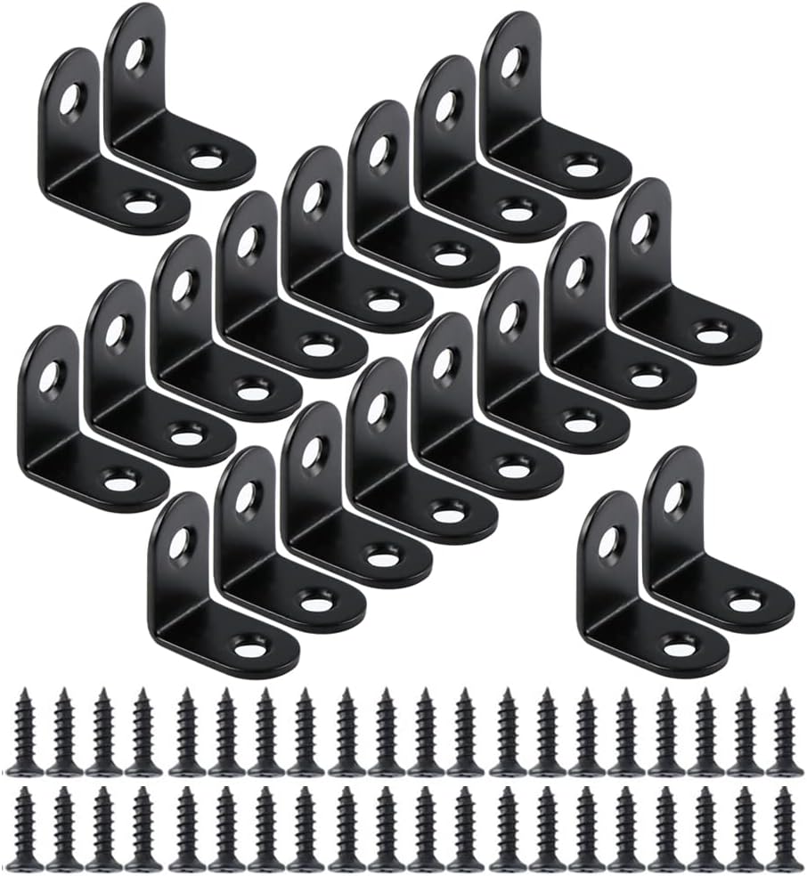 20PCS Small L Brackets, Black Iron Corner Mount Brackets with 40 Screws, Rust Resistant, Easy to Install, Multi-Purpose