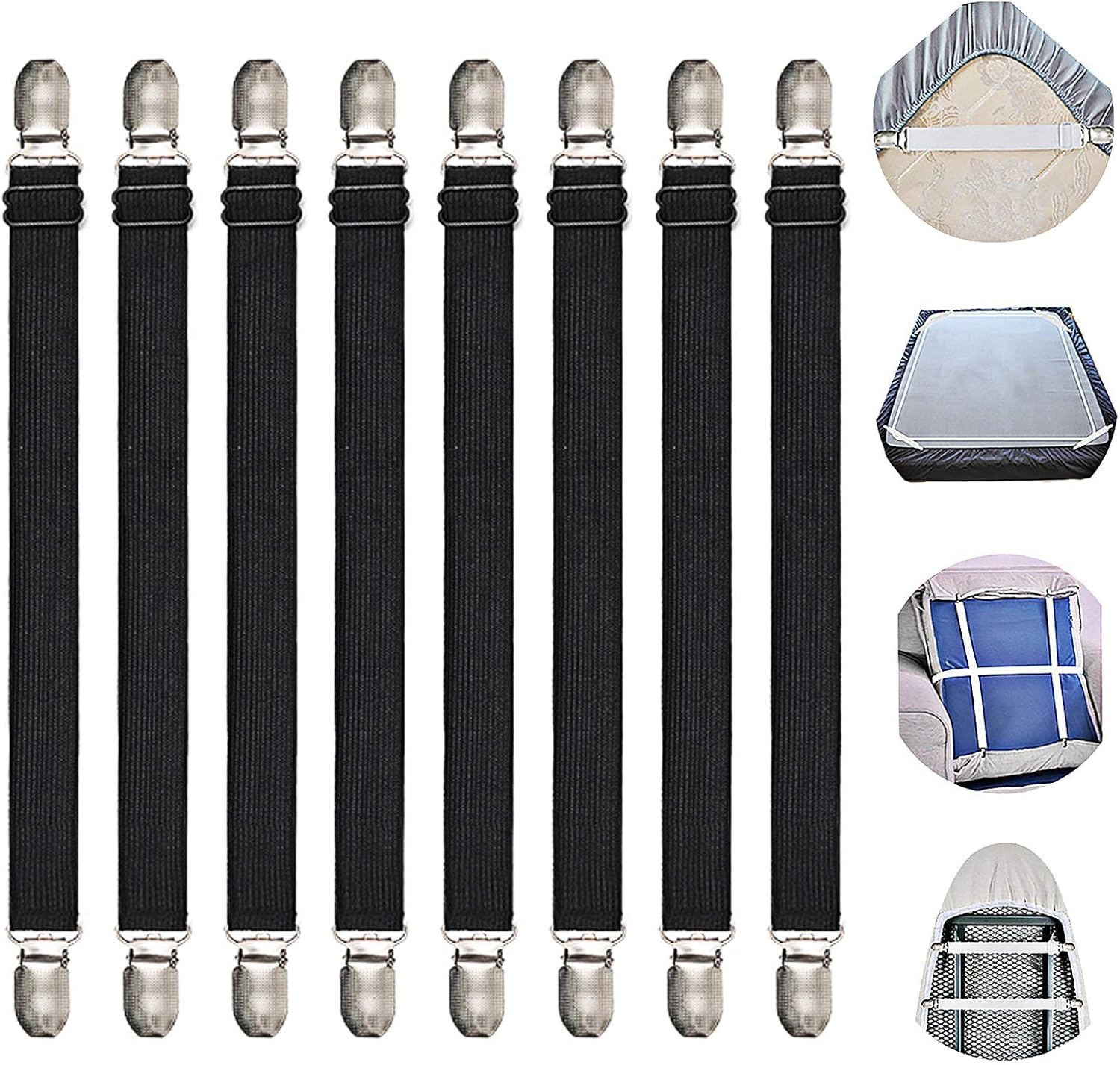 Adjustable Bed Sheet Clips, Sheet Fasteners Holder Straps and Suspender, Gripper, Extend From 8" to 23" Long Style Elastic Fasteners Bands Heavy Duty Suit for Mattress, Sofa, Couch, Recliner and More (black, Short type 8 pcs -2 set)