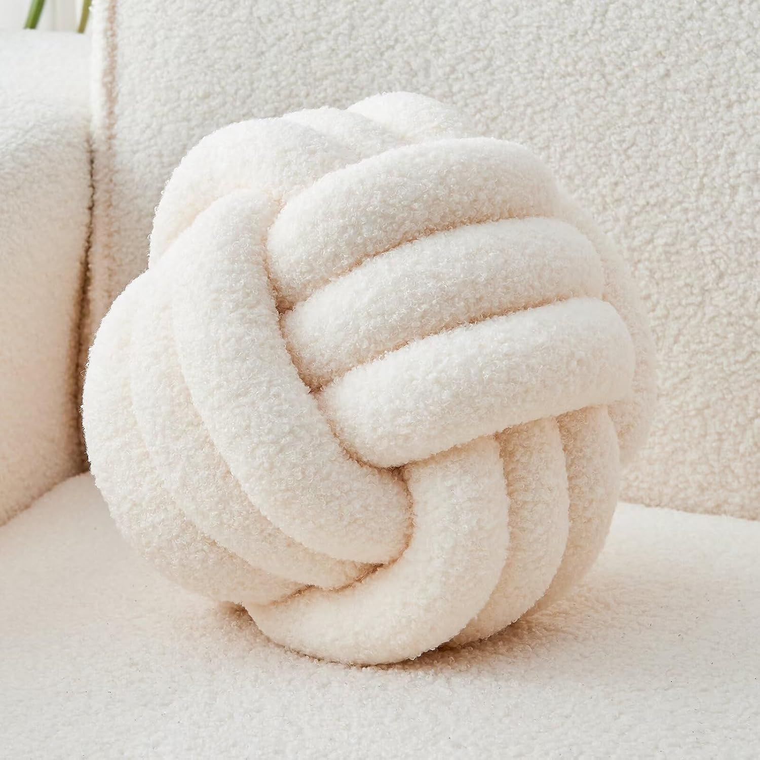 Decorative Throw Knot Pillow Ball for Home Chair Sofa Couch Bed Aesthetic Round Decor Pillows Lambswool Knotted Pillow Cushion (Ivory White, 11 inches)