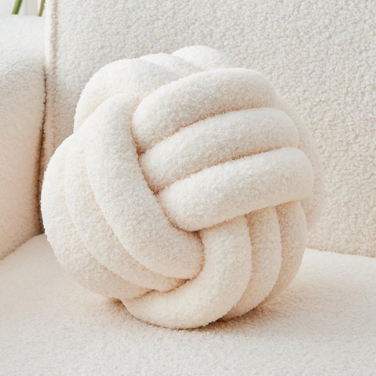 Decorative Throw Knot Pillow Ball for Home Chair Sofa Couch Bed Aesthetic Round Decor Pillows Lambswool Knotted Pillow Cushion (Ivory White, 11 inches)