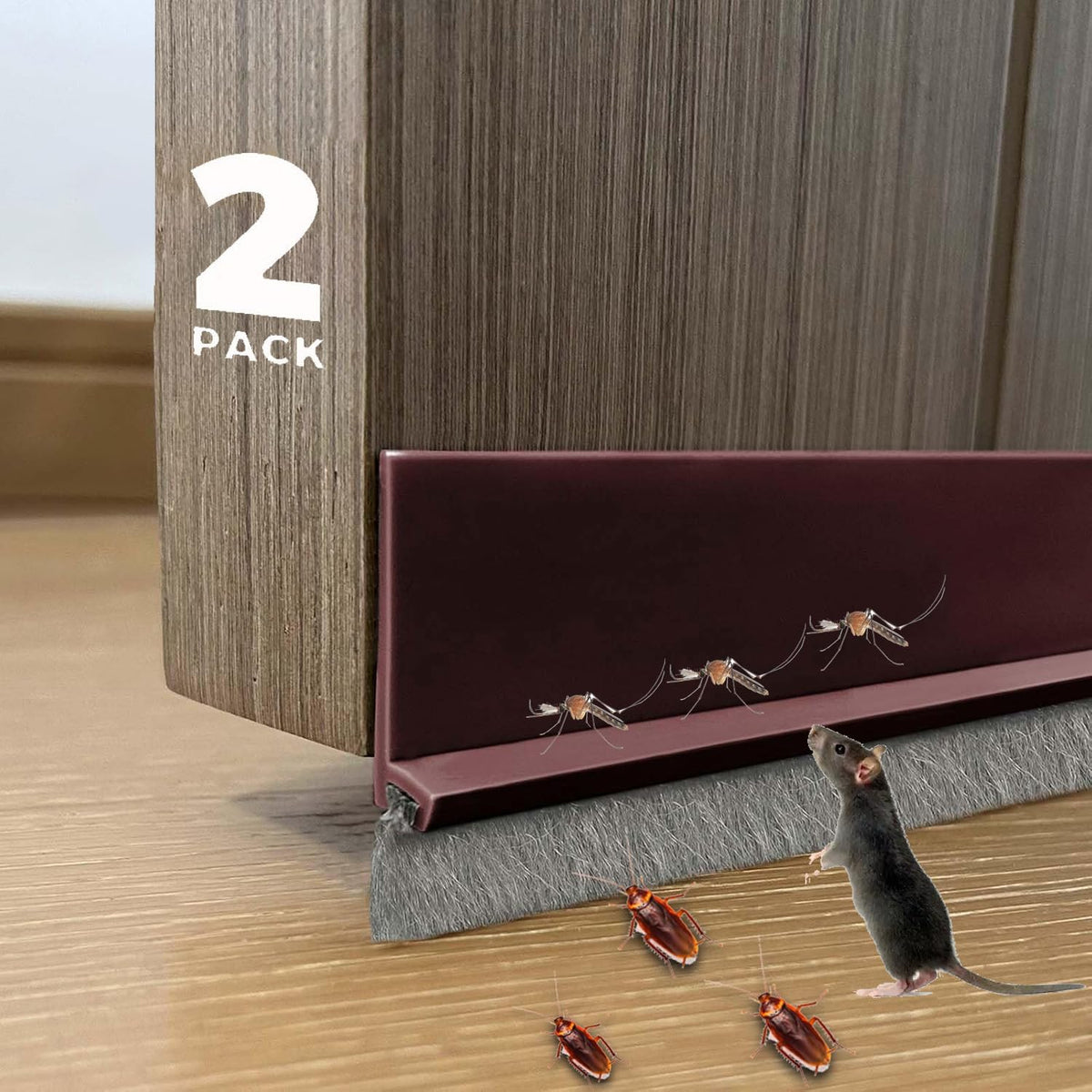 2 PCS Door Brush Bottom, Draft Stopper with Brush for Exterior Door, Bottom Seal Strip for Protection Against Bug, Dust, 2" W x 39" L, Brown
