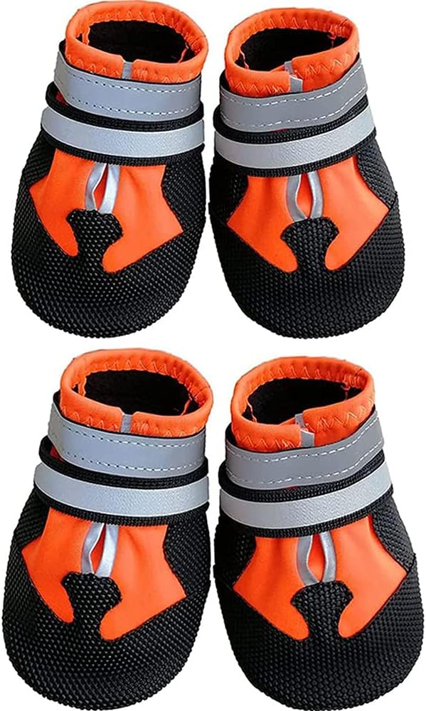 Dog Shoes, Waterproof Anti-Slip Dog Boots Snow Shoes with Two Reflective Straps, 4 Pcs Pet Paw Protectors Rain Boots for Small Dogs, Orange (S)