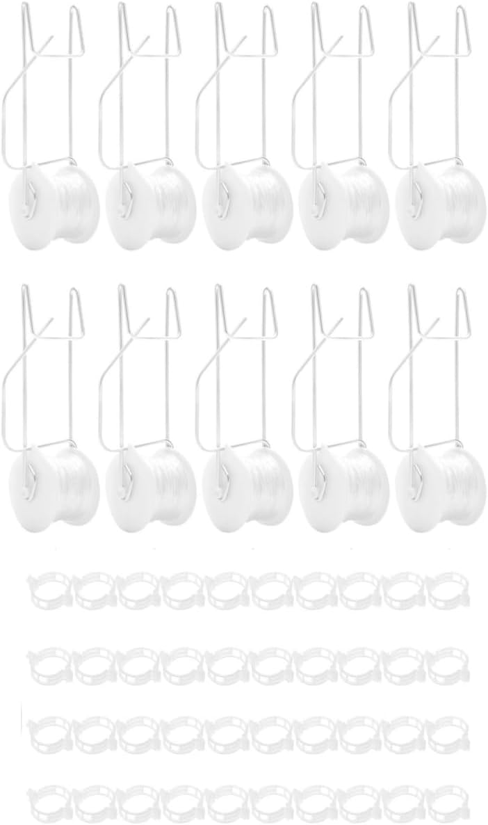 10 PCS Tomato Roller Hooks with String & 40 Clips, 49.2FT Twine Tomato Trellis Kit - Climbing Support for Tomato, Flower Vine, Greenhouse, Home Gardening (10 PCS)
