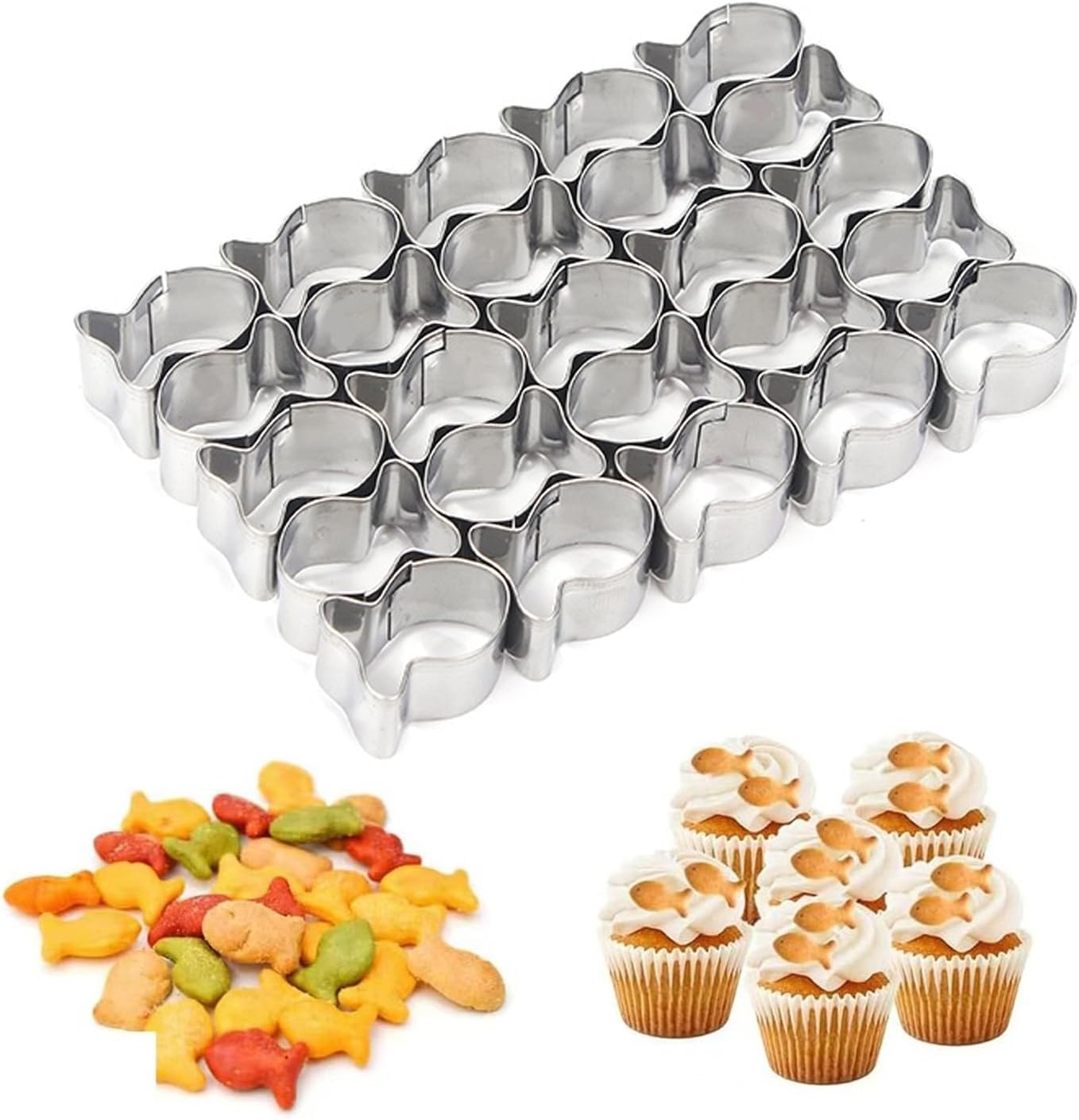 Gold Fish Cracker Cutter, 25 Cavity Mini Fish Cookie Cutter with Cleaning Brush Stainless Steel Fish Shaped Cutter Molds for Kids DIY and Baking.