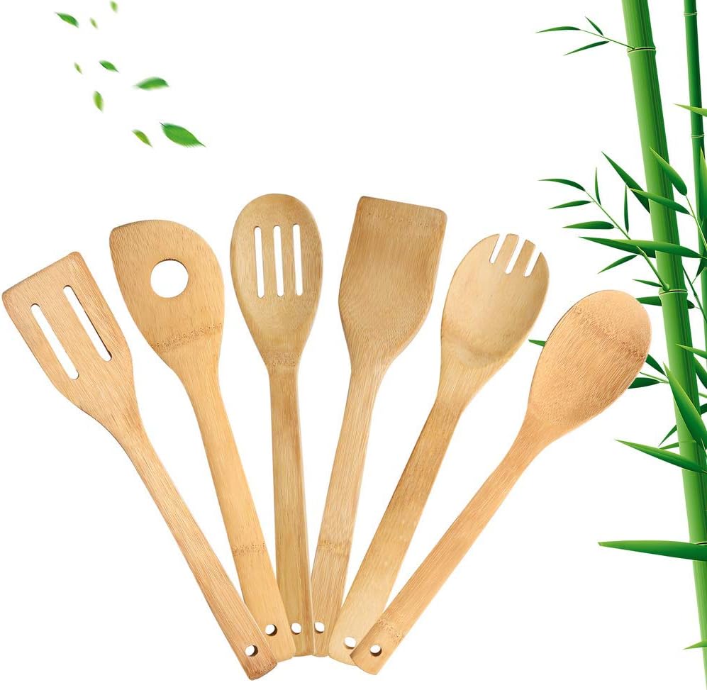 6 Piece Wooden Cooking Utensils, Natural Bamboo Nonstick Kitchen Spoons Spatula Sets for Cooking