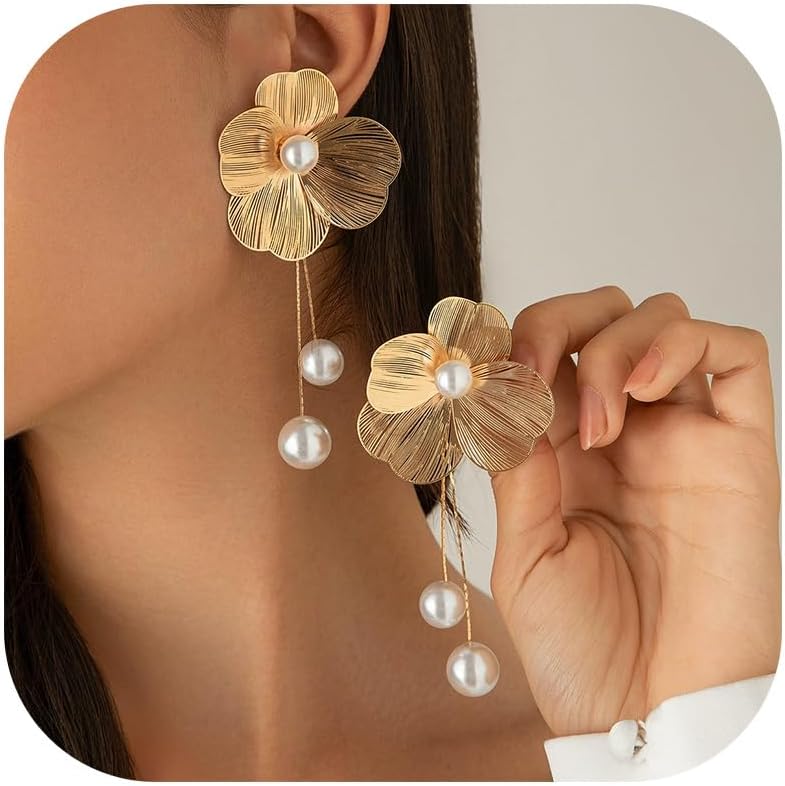 Gold Flower Earrings for Women Big Statement Flower Earrings 3D Floral Earrings Prom Wedding Jewelry